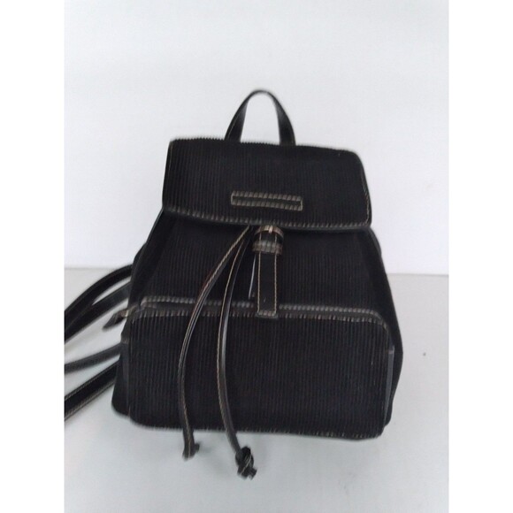 Vintage Black Corduroy Mini Backpack with Leather Trim Drawstring Casual Daypack - Picture 7 of 7